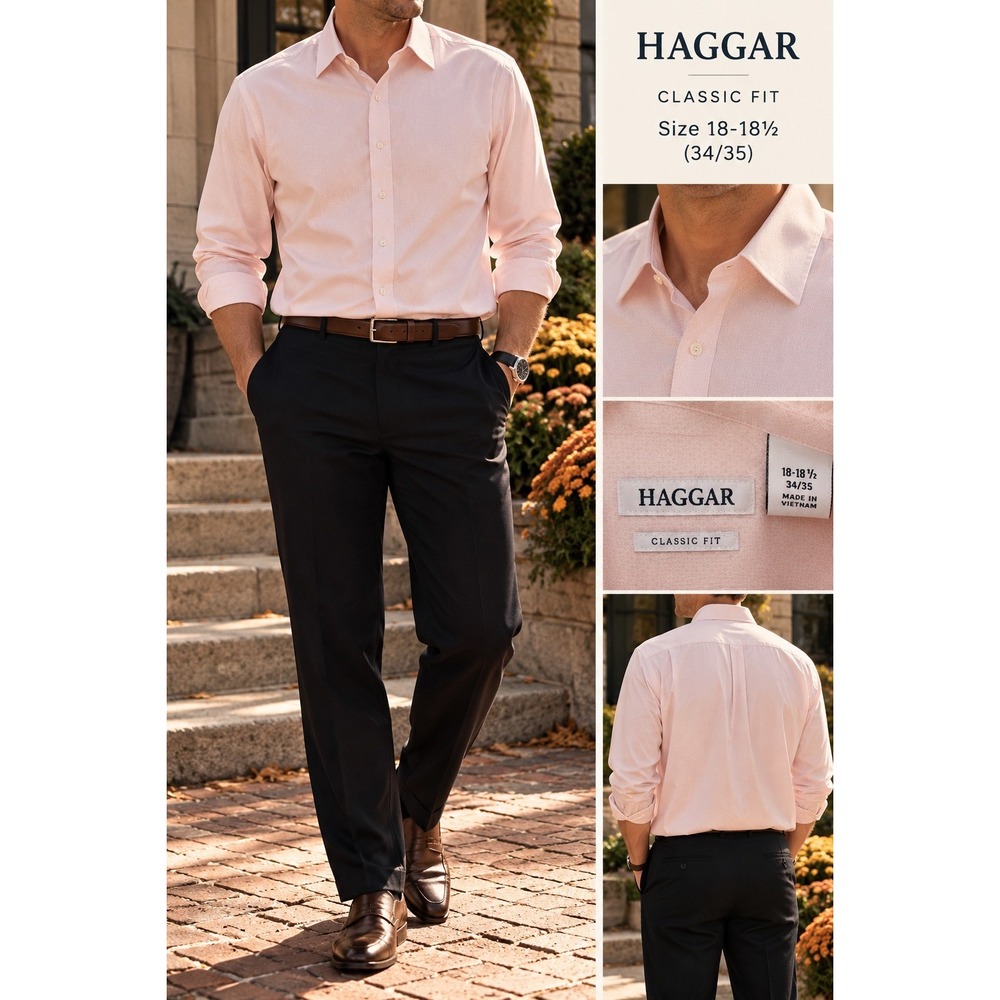 Haggar Mens Classic Fit Dress Shirt Pink Geometric Long Sleeve 18-18.5 34/35